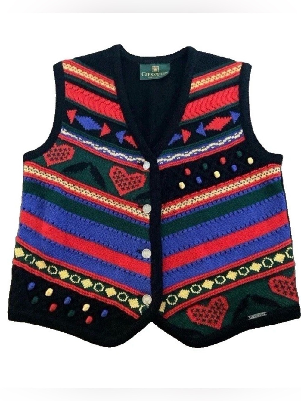 Giesswein Austria New Pure Wool Folk Artsy Knit Vest Women’s Size Medium Heart